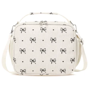 Inosoo Insulated Lunch Bag Women Corduroy Tote – Cute Black Bow