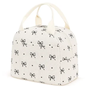Inosoo Insulated Lunch Bag Women Corduroy Tote – Cute Black Bow