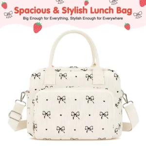 Inosoo Insulated Lunch Bag Women Corduroy Tote – Cute Black Bow