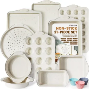 Kikcoin 22 piece Kitchen Bakeware Set Nonstick Coating Baking Sheet Pans with Silicone Handles Cookie Sheets for Baking Beige