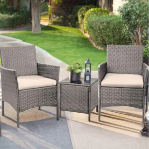Lacoo 3 Piece Patio Rattan Wicker Bar Set – Cushioned Tempered Glass