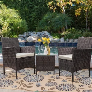 Lacoo 3 Pieces Outdoor Patio Furniture PE Rattan Wicker Table and Chairs Set Bar Set with Cushioned Tempered Glass Brown Beige 2
