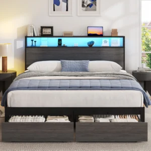 Lifezone Queen Bed Frame: 2-Tier Bookcase, LED, 4 Drawers