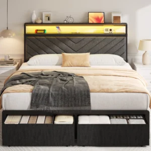Lifezone Queen Bed Frame: 2-Tier Bookcase, LED, 4 Drawers