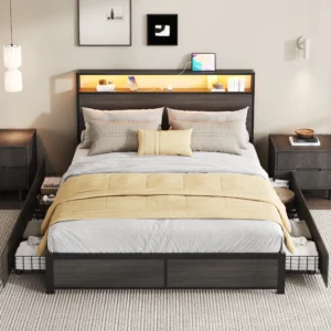 Lifezone Queen Bed Frame: 2-Tier Bookcase, LED, 4 Drawers