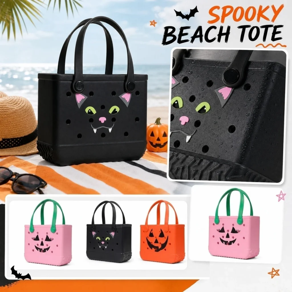 Limited Edition Spooky Black Cat EVA Beach Tote Purse Trick Treat Halloween Handbag Summerween Waterproof Quick Dry Hole Bag Pool Vacation 11 02 8 27