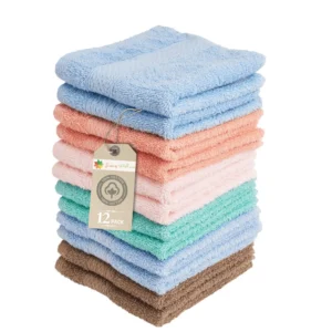 Living Fashions Luxurious Washcloths Set of 12 Size 13 x 13 Absorbent and Soft Cotton Wash Cloth for Body and Face