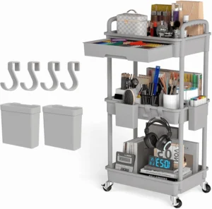 LLMRR 3 Tier Rolling Utility Cart Drawer Cart Drawer Handle Bathroom Cart Organizer Rolling Storage Cart Drawer Rolling Cart Lockable Wheels Kitchen