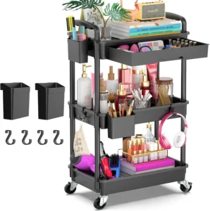 LLMRR 3 Tier Rolling Utility Cart Drawer Drawer Handle Bathroom Organizer Storage Lockable Wheels Kitchen Office Black
