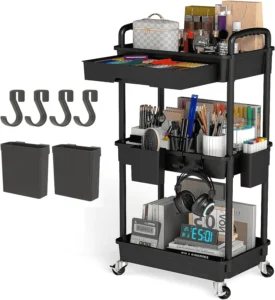 LLMRR 3 Tier Rolling Utility Cart Drawer Drawer Handle Bathroom Organizer Storage Lockable Wheels Kitchen Office Black
