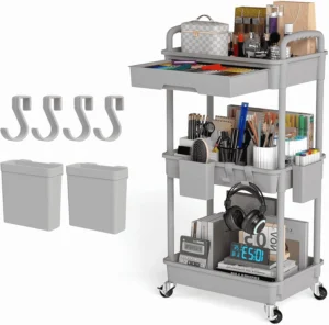 LLMRR 3 Tier Rolling Utility Cart with Drawer – Lockable Wheels