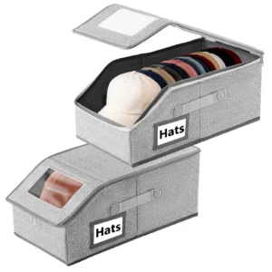 Lumikrypt 2 Pcs Hat Organizer Baseball Caps Stackable Hat Storage Clear Window Lid Holds 24 Caps Hat Organizer Closet Cardboard Breathable Fabric Gre