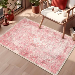 Moynesa 2 x3 Pink Washable Area Rug Botanical Print Small Rug Modern Abstract Non Slip Minimalist Art Area Rug 2x3ft Accent Distressed Throw Rugs Flo