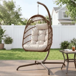 Nicesoul Foldable Hanging Egg Chair with Stand, Cushion & Pillow – PE Wicker Brown