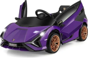 OLAKIDS 12V Licensed Lamborghini Sian Kids Ride On Car Parent Remote Control Spring Suspension MP3 Player Electric Toy Roadster Carbon Fiber Textured