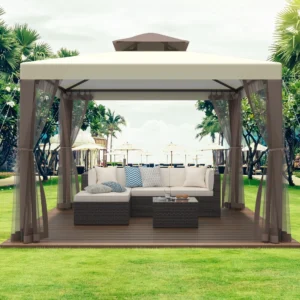 Outdoor 10×10 Gazebo Canopy Tent with Curtains – 100 sq ft Shade, Beige