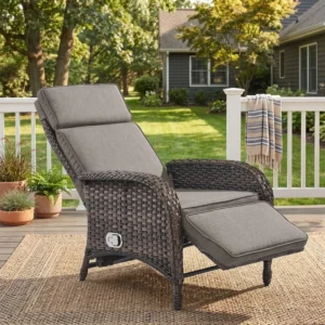 PARKWELL Adjustable Rattan Patio Recliner Chair – Gray Cushion