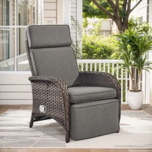 PARKWELL Adjustable Rattan Patio Recliner Chair – Gray Cushion