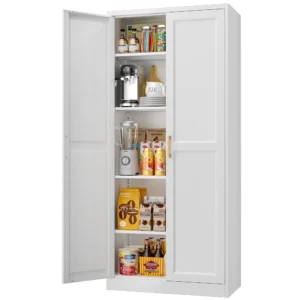 Polup Modern Kitchen Pantry Cabinet Adjustable Shelves and Doors 71 Height White Home Storage Solution