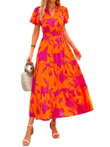 PRETTYGARDEN Smocked Floral Maxi Dress – V-Neck Puff Sleeve Boho