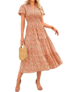 PRETTYGARDEN Smocked Floral Maxi Dress – V-Neck Puff Sleeve Boho