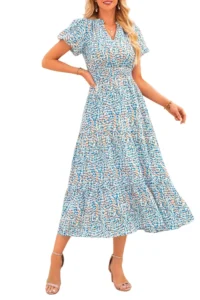 PRETTYGARDEN Smocked Floral Maxi Dress – V-Neck Puff Sleeve Boho