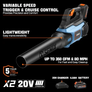 SENIX 20 Volt Max Cordless Leaf Blower Variable Speed Lightweight Up to 350 CFM and 80 MPH Battery and Charger Included BLAX2 M