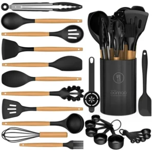 Silicone Cooking Utensils Set with Wooden Handles – Heat Resistant