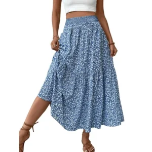 TEMOFON Women’s Floral Maxi Skirt – Elastic Waist with Pockets