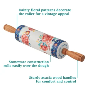 The Pioneer Woman Keepsake Floral Ceramic Rolling Pin with Holder