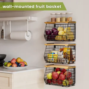TINANA Stackable Fruit Baskets Bamboo Lid 3 Pack Hanging Fruit Basket Kitchen Counter Wire Basket Pantry Organizer Vegetable Fruits Potato Onion Stor
