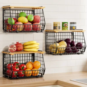 TINANA Stackable Fruit Baskets Bamboo Lid 3 Pack Hanging Fruit Basket Kitchen Counter Wire Basket Pantry Organizer Vegetable Fruits Potato Onion Stor