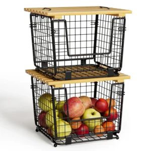 TINANA Stackable Fruit Baskets Bamboo Lid 3 Pack Hanging Fruit Basket Kitchen Counter Wire Basket Pantry Organizer Vegetable Fruits Potato Onion Stor