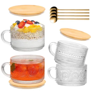 TINANA Vintage Embossed Glass Cups 4-Pack – Bamboo Lids & Spoons