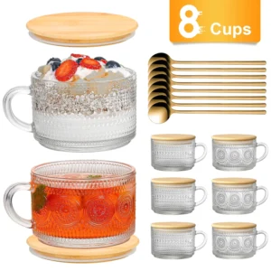TINANA Vintage Embossed Glass Cups 4-Pack – Bamboo Lids & Spoons