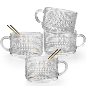 TINANA Vintage Embossed Glass Cups 4-Pack – Bamboo Lids & Spoons