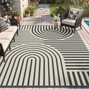 VUNATE 5×8 Waterproof Outdoor Rug – Tropical Banana Leaf, Gray Beige