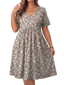 WellSize Plus size Dresses For Women Floral Casual V Neck Short Sleeve Sundresses Midi Summer Dress with Pockets