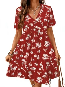 WellSize Plus size Dresses For Women Floral Casual V Neck Short Sleeve Sundresses Midi Summer Dress with Pockets