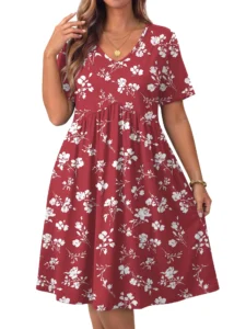 WellSize Plus size Dresses For Women Floral Casual V Neck Short Sleeve Sundresses Midi Summer Dress with Pockets