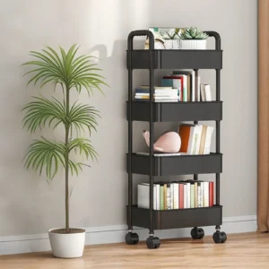 Whitmor 4-Tier Rolling Utility Cart – Black Storage Trolley with Wheels