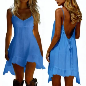 Wrongduck Halter Backless Mini Sundress – Ruffle Hem Flowy