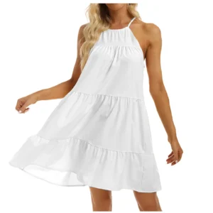 Wrongduck Halter Backless Mini Sundress – Ruffle Hem Flowy