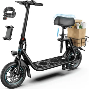 Kistp 450W Electric Scooter with Seat for Adult 12 inch Commuter Electric Scooter with Basket and Adjustable Seat up to 21 Miles 15 5MPH