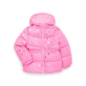 Pink Platinum Girls Heart Foil Printed Hooded Puffer Jacket with Polar Fleece Lining Sizes 4 16